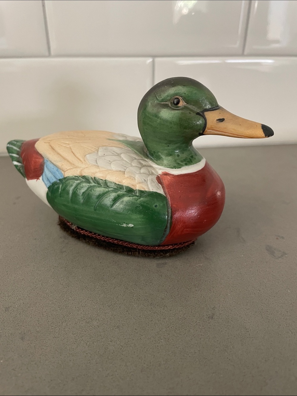 Vintage Colorful Mallard Duck Porcelain Figurine Lint Remover Brush Baby